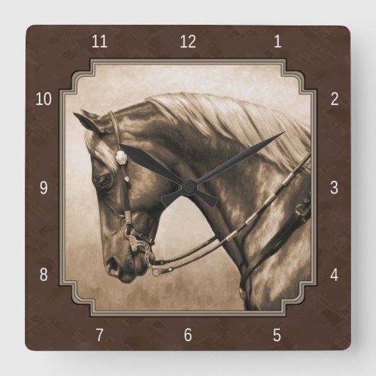Old West Quarter Horse Sepia Brown Vierkante Klok (Voorkant)