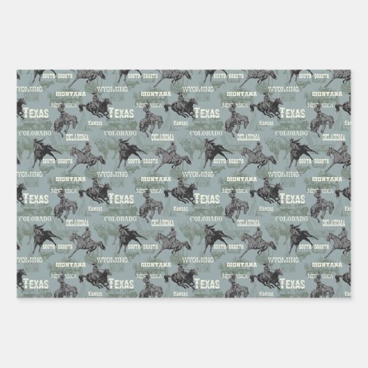 Old West Wagon Rodeo Cowboy Bizon Grijs Blauw Paar Inpakpapier Vel (Voorkant 2)