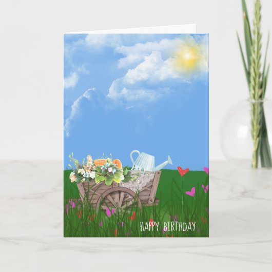 old wheelbarrow with flowers birthday kaart (Voorkant)