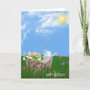 old wheelbarrow with flowers birthday kaart