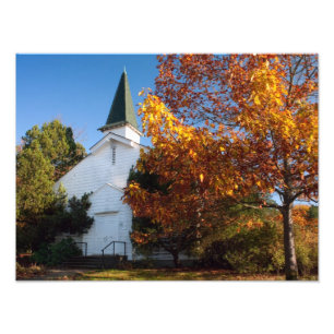 Old White Church in Autumn Foto Afdruk