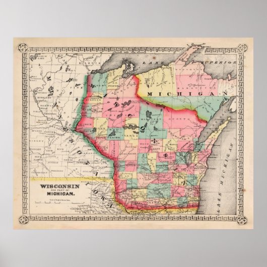Old Wisconsin Map (1865)  Badger State Poster (Voorkant)