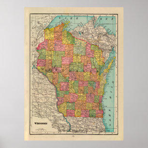 Old Wisconsin Map (1909) Badger State Poster