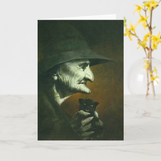 Old Witch with Familiar Greetings Card Kaart (Gele Bloem)