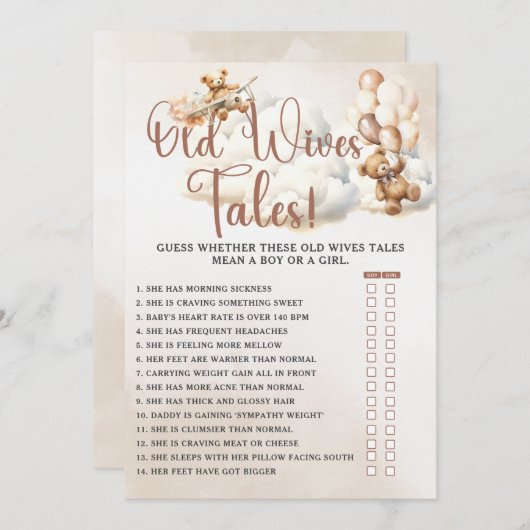 OLD WIVES TALES Baby shower Game Schattige Beer in Kaart (Voorkant / Achterkant)