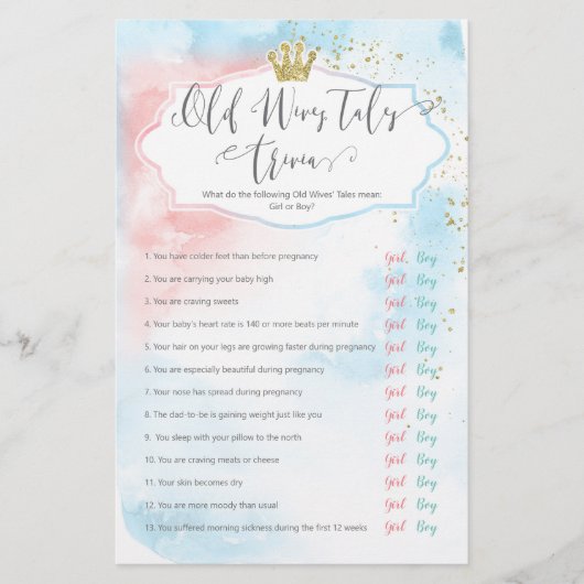 "Old Wives Tales" Geslacht onthullen roze blauw sp (Voorkant)