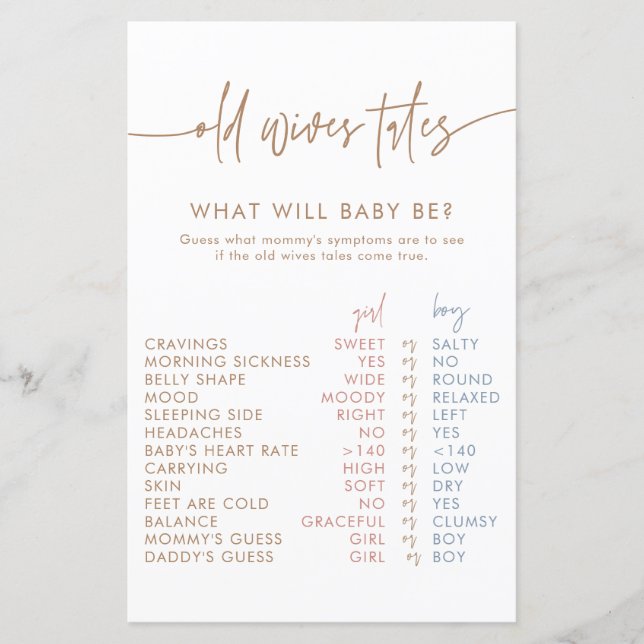 Old Wives Tales Kaart | Boho Gender Reveal spel (Voorkant)