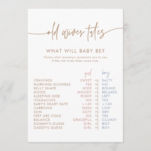 Old Wives Tales Kaart | Boho Gender Reveal spel (Voorkant)
