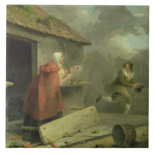 Old Woman Waving a Stick at a Boy, 1793 (olie op c Tegeltje