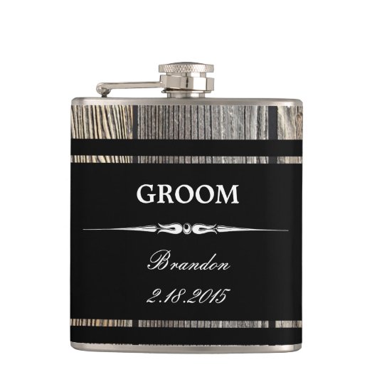 Old Wood Black GROOM Wedding Flask Heupfles (Voorkant)