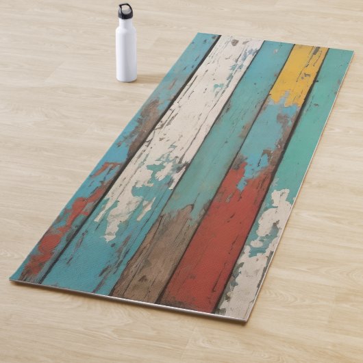 Old Wood Blue And Yellow Painted Distressed Planks Yogamat (In situ)