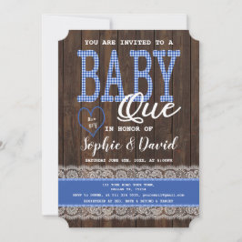 Old Wood Blue Gingham Boy Baby shower BBQ Kaart