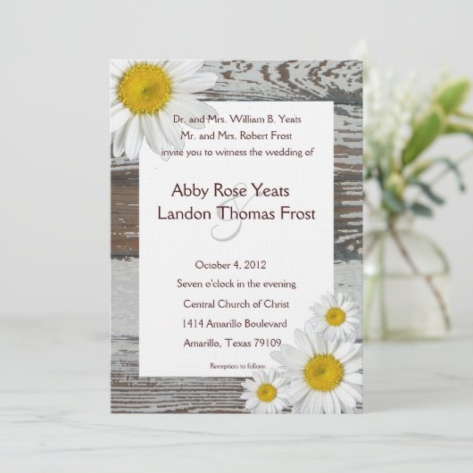 Old Wood Shasta Daisy Rustic Wedding Invitation Kaart (Staand voorkant)