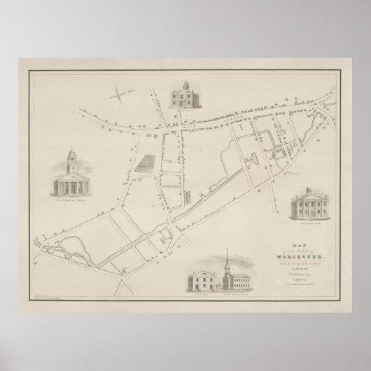 Old Worcester MA Map (1829)  Massachusetts Poster (Voorkant)
