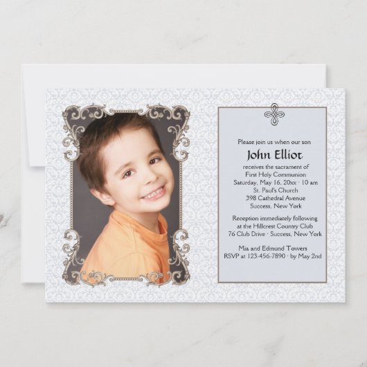 Old World Blue Damask Foto Religieuze Uitnodiging (Voorkant)