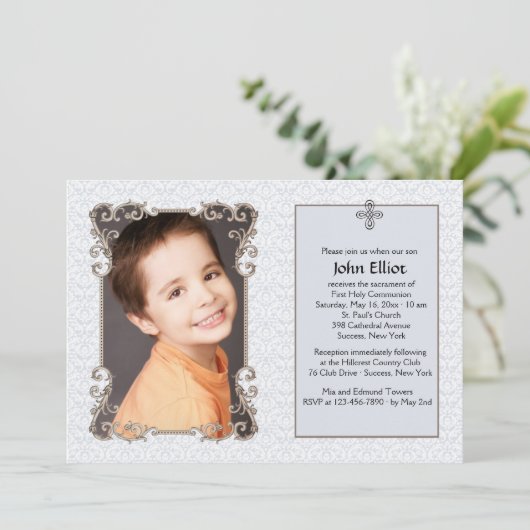 Old World Blue Damask Foto Religieuze Uitnodiging (Staand voorkant)