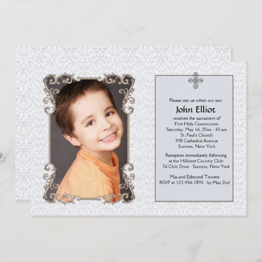 Old World Blue Damask Foto Religieuze Uitnodiging (Voorkant / Achterkant)