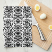 Old World Damask Black op White Theedoek (Quarter Fold)