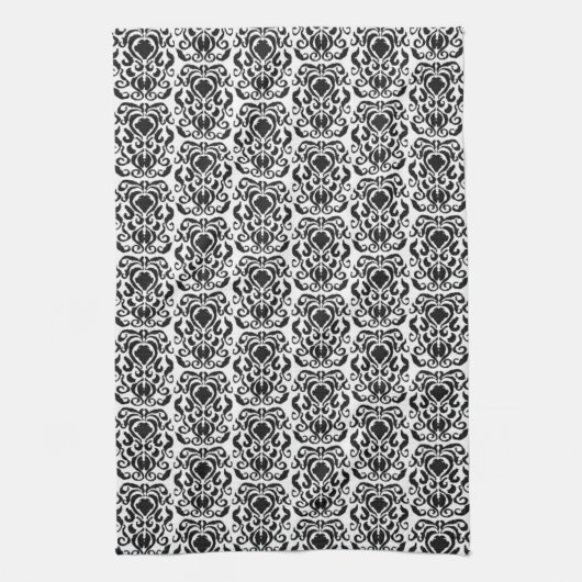 Old World Damask Black op White Theedoek (Verticaal)