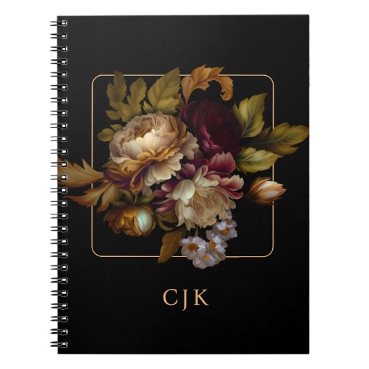 Old World Dark Floral Bouquet met Monogram Notitieboek (Voorkant)