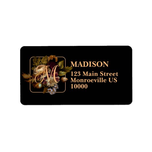 Old World Dark Floral Bouquet met Monogram Square Etiket (Voorkant)