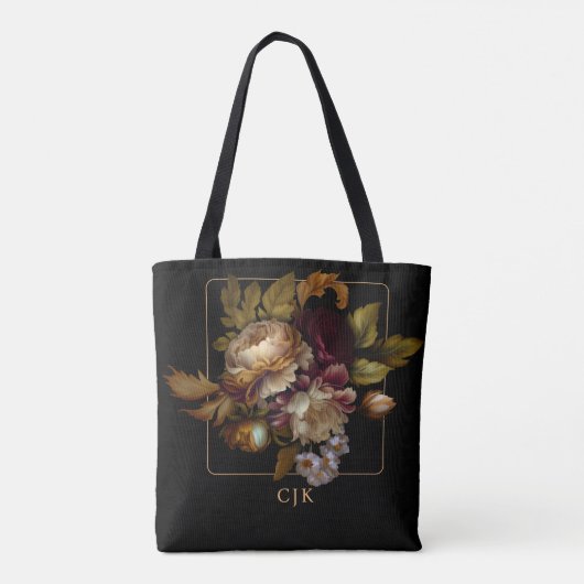Old World Dark Floral Bouquet met Monogram Tote Bag (Achterkant)