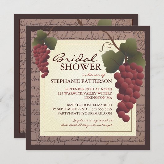 Old World Grapevine Wine Bridal Shower Invitation Kaart (Voorkant / Achterkant)