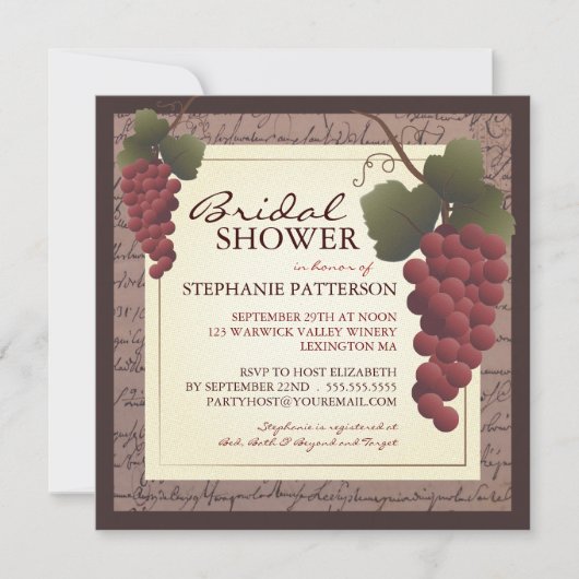 Old World Grapevine Wine Bridal Shower Invitation Kaart (Voorkant)