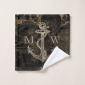 Old World Journey Nautical Anker Monogram Zwart Bad Handdoek (Wasdoekje)