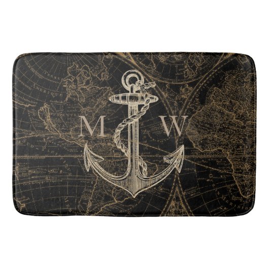 Old World Journey Nautical Anker Monogram Zwart Badmat (Voorkant)