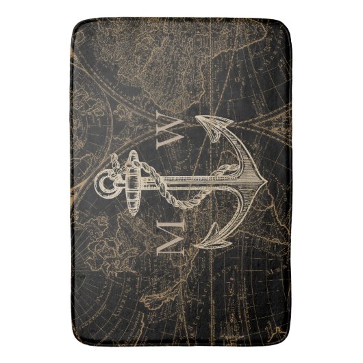 Old World Journey Nautical Anker Monogram Zwart Badmat (Voorkant Verticaal)