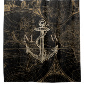 Old World Journey Nautical Anker Monogram Zwart Douchegordijn (Voorkant)