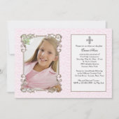 Old World Pink Damask Foto Religieuze Uitnodiging (Voorkant)
