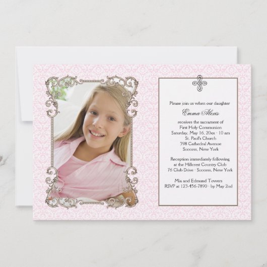 Old World Pink Damask Foto Religieuze Uitnodiging (Voorkant)