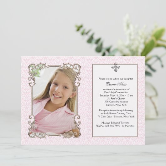 Old World Pink Damask Foto Religieuze Uitnodiging (Staand voorkant)