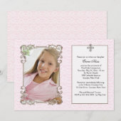 Old World Pink Damask Foto Religieuze Uitnodiging (Voorkant / Achterkant)