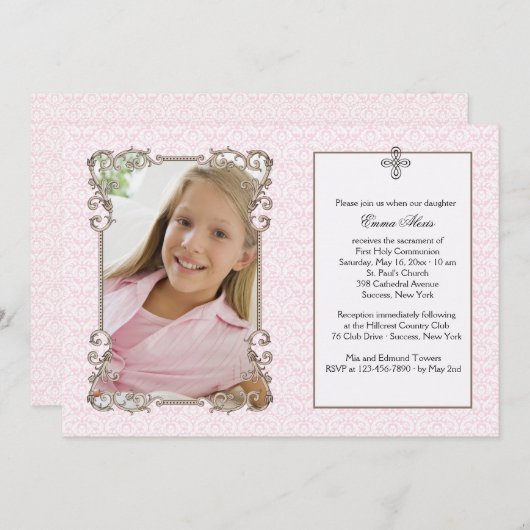 Old World Pink Damask Foto Religieuze Uitnodiging (Voorkant / Achterkant)