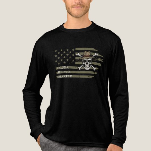 Older Slower Smarter Skull US Flag Long Sleeve Tee Tri-Blend Shirt (Voorkant volledig)