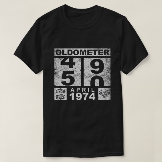 oldometer 50 , april 1974 Grappige Oldometer Verja T-shirt (Design voorkant)
