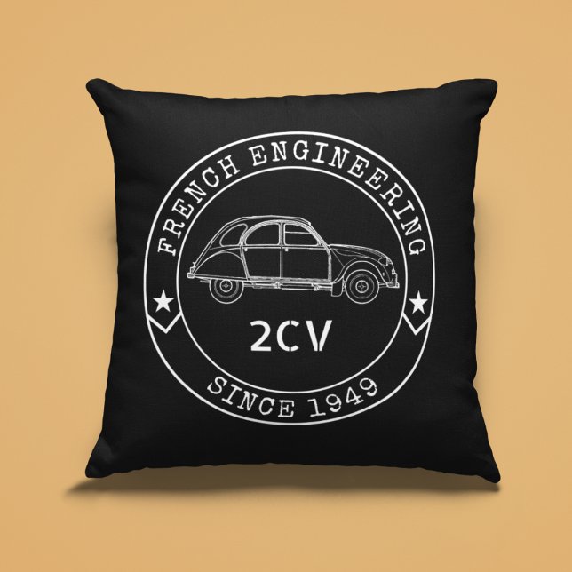 Oldtimer 2CV Abzeichen Engineering Emblem Kussen (2CV Pillow in Black with a White Badge Text Design and and Illustration of the Deux Chevaux )