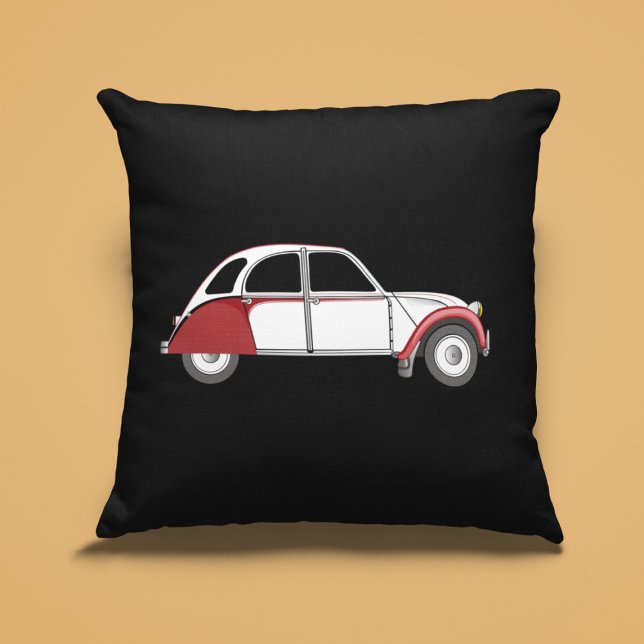 Oldtimer 2CV Dolly Rot Kussen (2CV Pillow in Black with a White Red Deux Chevaux Dolly Illustration)