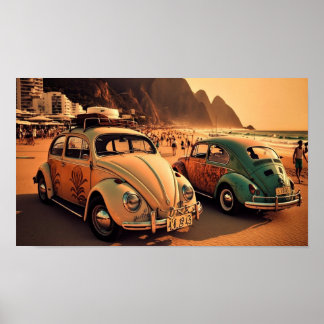 Oldtimer Beetle op Copacabana Beach Poster