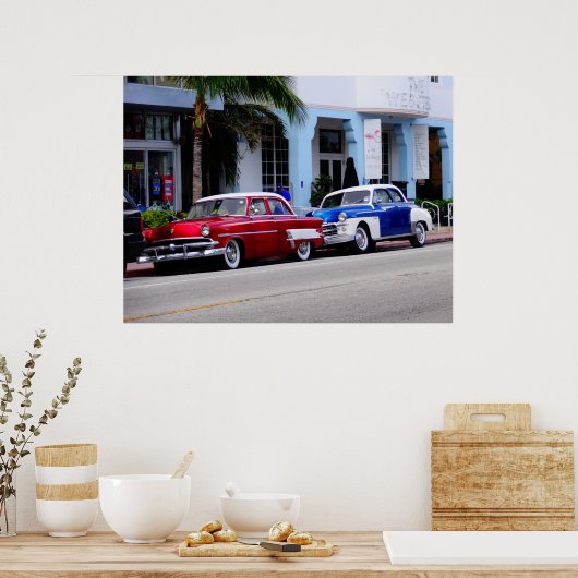 Oldtimer op Ocean Drive Miami Beach Poster (Keuken)