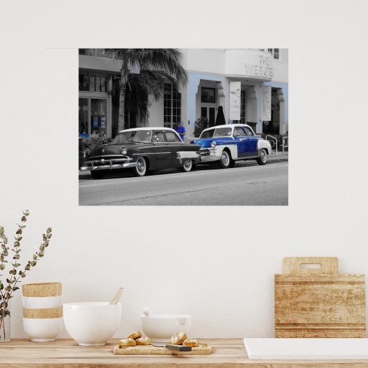 Oldtimer op Ocean Drive Miami Beach Poster (Keuken)