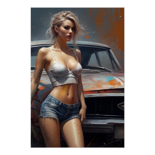 oldtimer pinup nostalgie kunstwerk blond frau perfect poster (Voorkant)