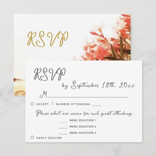 Oleander Bloem Menu Keuzes RSVP Huwelijk Antwoord (Voorkant / Achterkant)