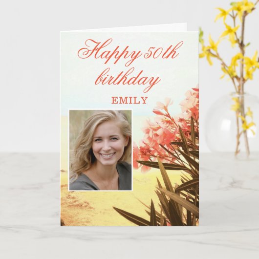 Oleander Flower Beach Floral Foto 50th Birthday Kaart (Gele Bloem)