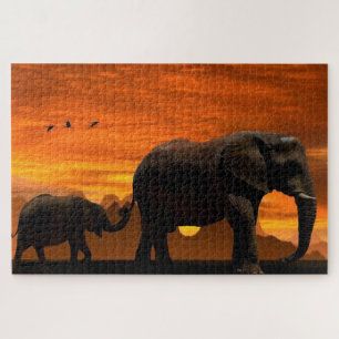 Olephants familie Jigzaag Puzzle in Sunset Sky Legpuzzel