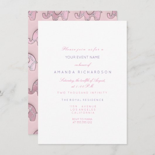 Olephants Roze Pastel Blue Baby shower Silver Kaart (Voorkant / Achterkant)