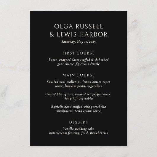 Olga Black Moderne bruiloft Menu (Voorkant)